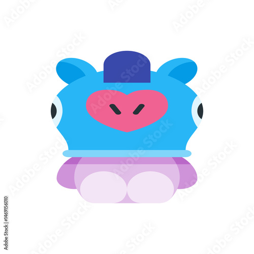 Illustration of a cartoon character with blue head and pink heart shaped face and purple body design element