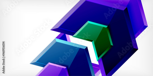 Abstract geometric shapes overlap, creating vibrant purple, green, blue composition. Glossy surfaces reflect light, forming dynamic visual effect.