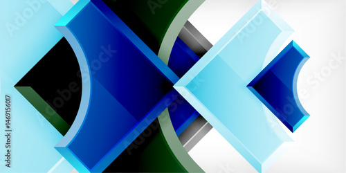 Abstract geometric shapes overlap, creating dynamic visual effect. Blues, greens, whites contrast against black background. Modern design.