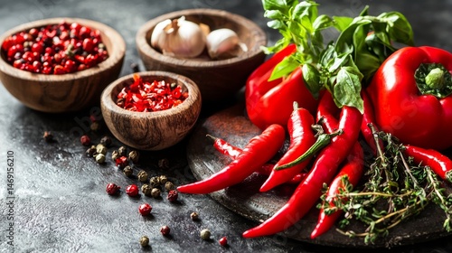 Fresh chili peppers mushrooms and peppercorns on stone surface culinary spicy natural food rustic kitchen scene