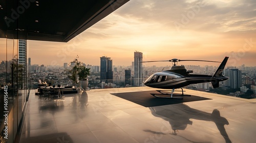 Exclusive rooftop helipad with helicopter offering stunning city skyline views