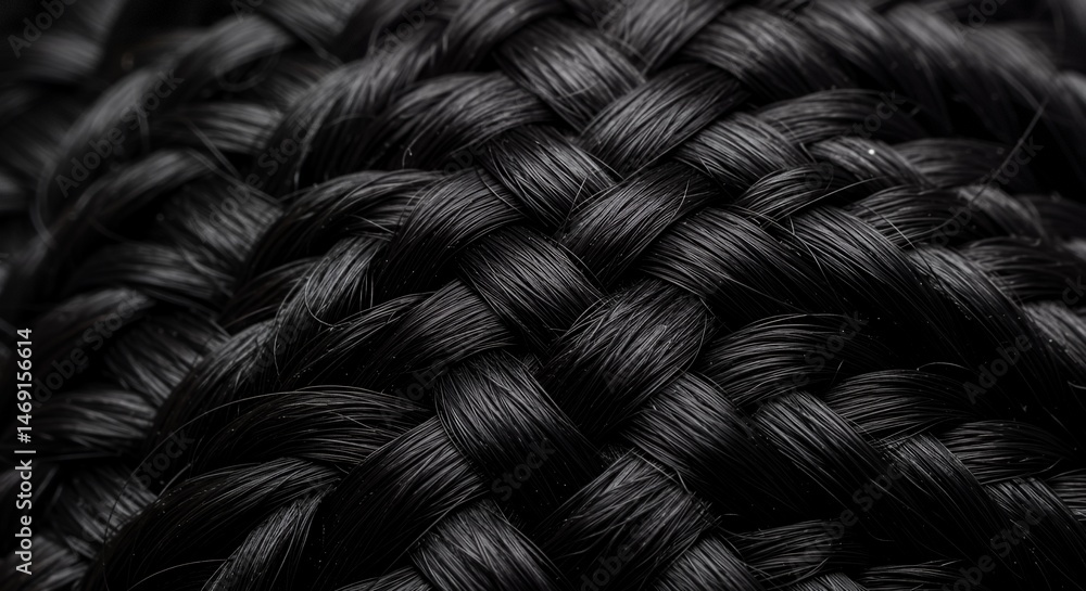 Intricate Black Braid: A Close-Up Macro Photograph of a Tightly Woven Hair Braid, showcasing the Texture and Detail of Each Strand. Intricate Black Braid: A Close-Up Macro Photograph of a Tightly Woven Hair Braid, showcasing the Texture and Detail of Each Strand.