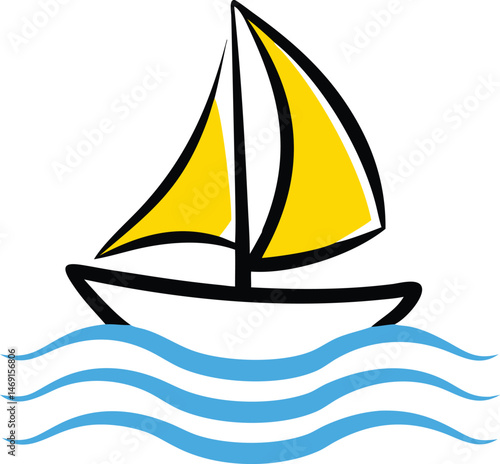 A vector sailboat icon glides on the sea under the summer sun, symbolizing nautical travel and the spirit of sailing