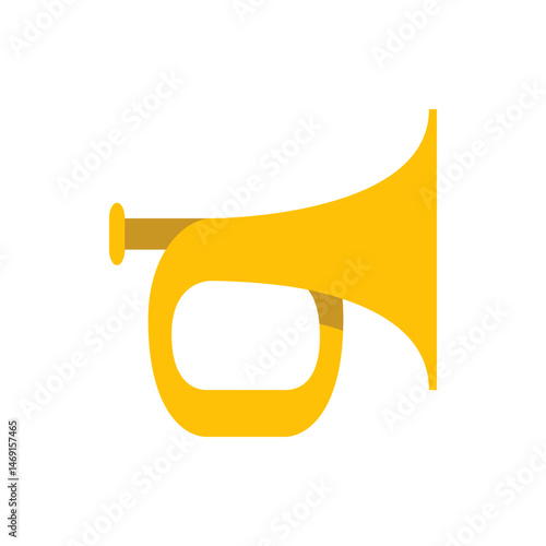 Illustration of a golden yellow bugle with a mouthpiece and flared bell on a plain white background view