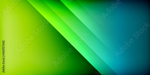 Abstract gradients dominate image. Vivid greens transition toward blues. Diagonal lines create dynamic visual effect. Dark background contrasts bright colors.