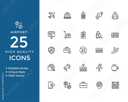 Airport and Travel Line Icons – Airplane, Luggage, Terminal, Passport, Boarding & Navigation – Editable Vector Set