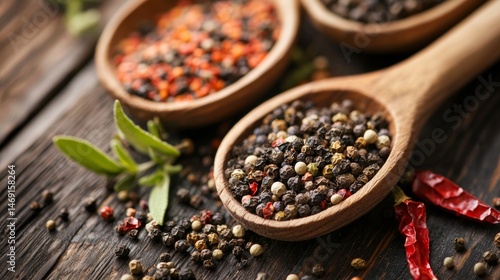 Fototapeta Naklejka Na Ścianę i Meble -  Wooden spoons filled with colorful peppercorns spices herbs closeup culinary detail rustic kitchen background food