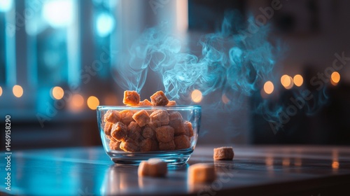 Glowing cocktail glass with smoke on reflective table illuminated bar dramatic nightlife moody vibe scene