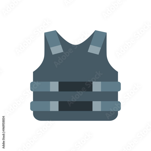 Illustration of a simple gray bulletproof vest with shoulder straps and waist straps on a white background