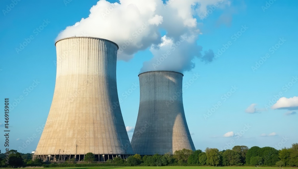 Massive industrial cooling towers against a blue sky Perfect for energy, power plant, and environmental themes , architecture, electricity, tall Massive industrial cooling towers against a blue sky Perfect for energy, power plant, and environmental themes , architecture, electricity, tall