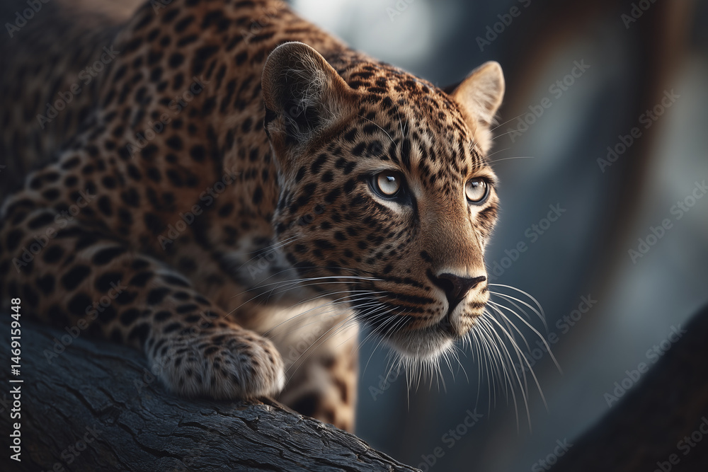 Obraz premium Powerful leopard crouched on a tree branch with intense gaze and muscular form, highlighted by dramatic lighting and a soft forest backdrop. 