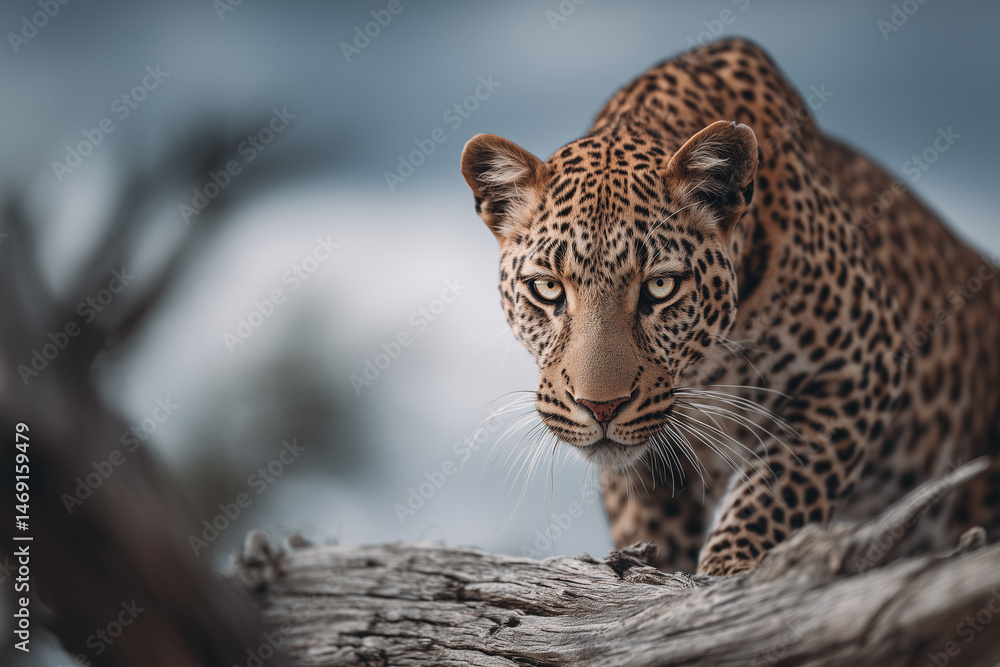 Fototapeta premium Powerful leopard crouched on a tree branch with intense gaze and muscular form, highlighted by dramatic lighting and a soft forest backdrop. 