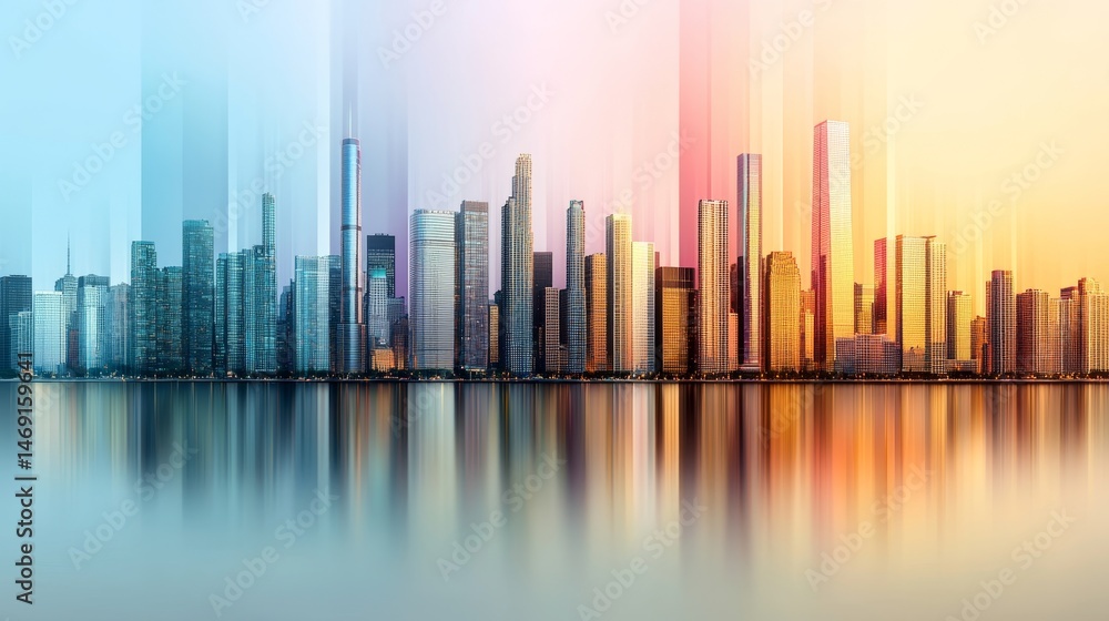Obraz premium Vibrant Urban Skyline with Abstract Color Gradient Reflections at Sunset
