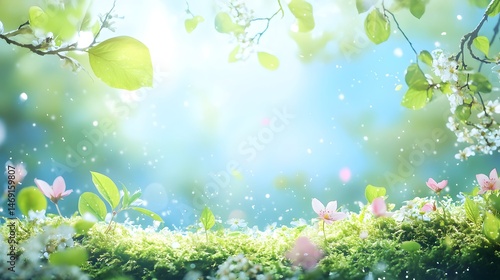 A springtime scene of blossoms, leaves, and sunlight.