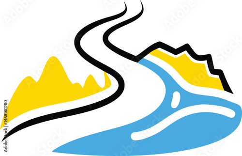 Sun and sea vector illustration of a summer beach landscape with blue sky, ocean waves, and distant mountains