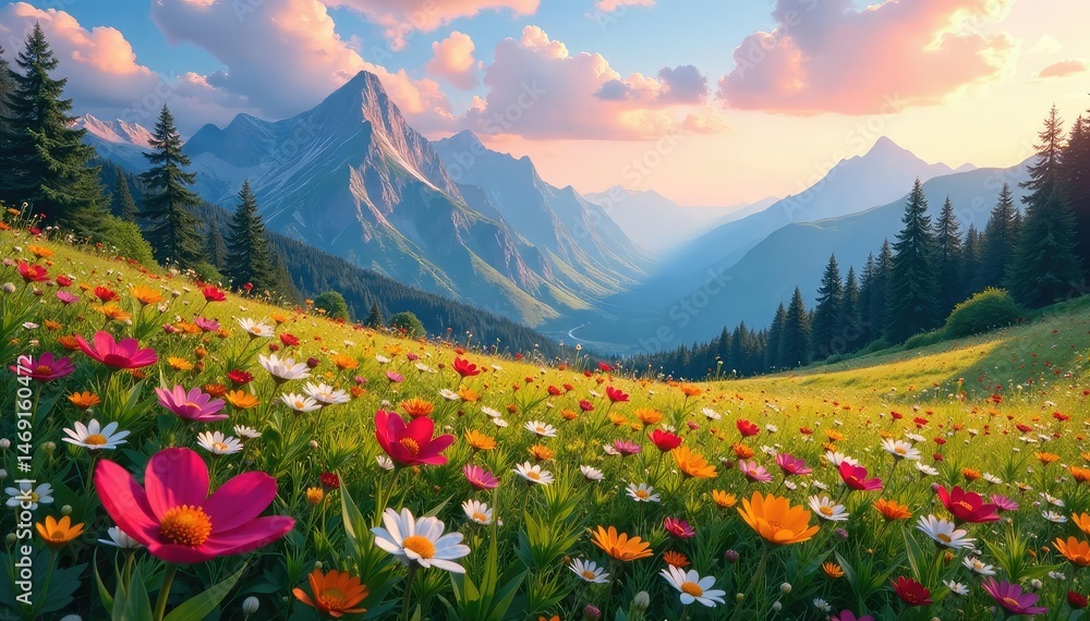 Serene mountain meadow bursting with wildflowers under a vibrant sky , pastoral, wilderness Serene mountain meadow bursting with wildflowers under a vibrant sky , pastoral, wilderness