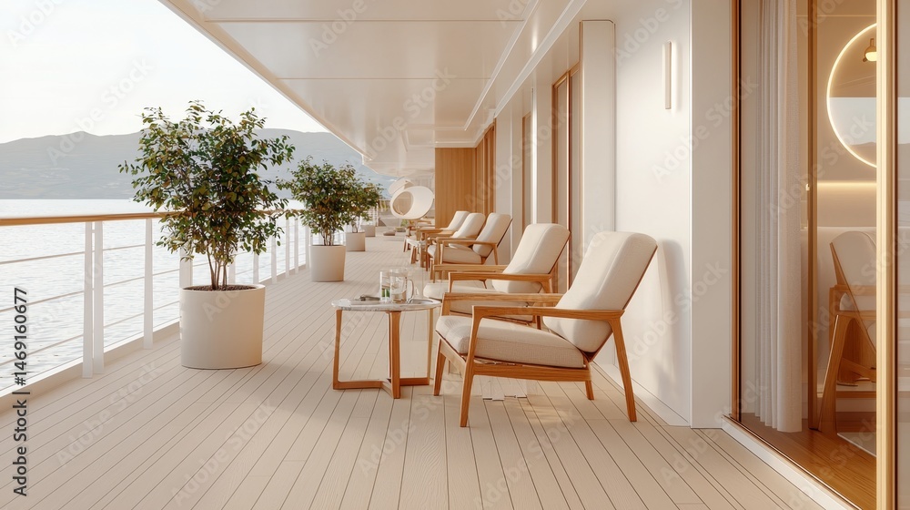 Fototapeta premium Modern Balcony with Comfortable Seating and Scenic Ocean View on a Cruise Ship