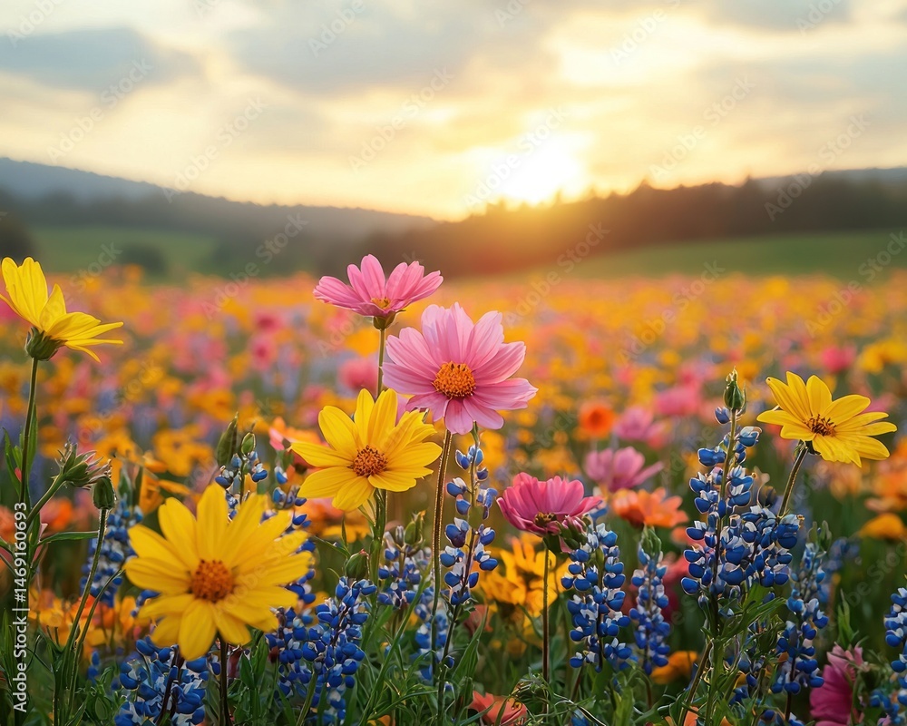 Fototapeta premium Vibrant wildflower meadow at sunset with colorful blooms and serene landscape