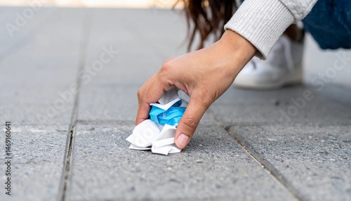 person's hand picks up a candy wrapper from the clean sidewalk