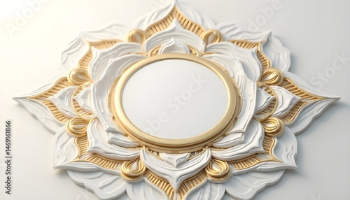 Ornamental, decorative, frame, circular, round, white, gold, floral, pattern, intricate, design, relief, texture, elegant, luxurious, ornate, classic, vintage, baroque, rococo, plasterwork, molding, 