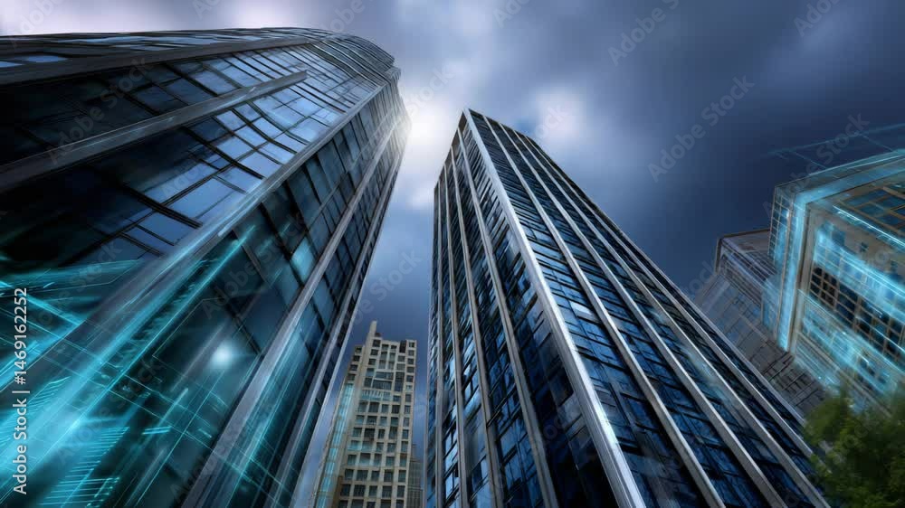 A stunning view of modern skyscrapers reaching towards a cloudy sky. A stunning view of modern skyscrapers reaching towards a cloudy sky.