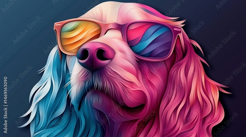 Naklejka premium A vibrant, stylized portrait of a dog wearing colorful sunglasses, its fur depicted in a gradient of pink and blue hues