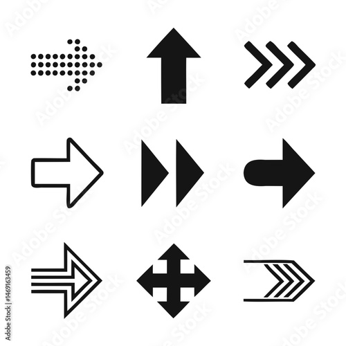 Stylized collection of nine unique black arrow vector silhouettes isolated on transparent background designed for navigation icons and more