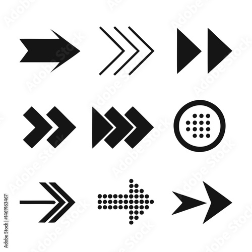 9 different arrow icons in bold black silhouette style available as vector graphics isolated on a transparent background for creative uses