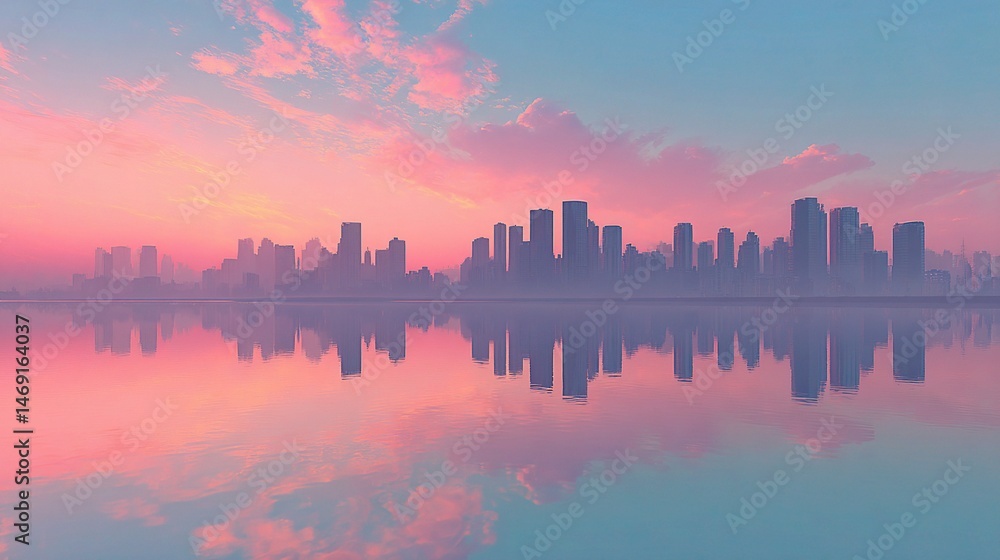 Fototapeta premium Urban Skyline at Dawn with Pastel Skies Reflected in Water
