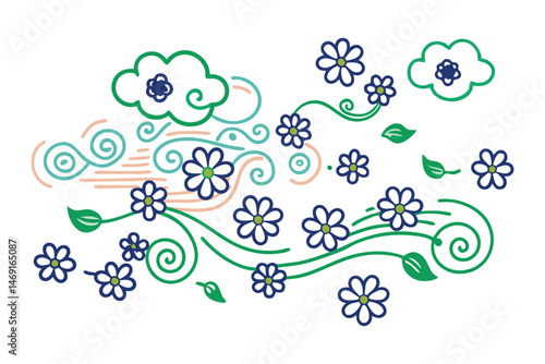 Cloud curve flowers floating sideways as if caught in a breeze