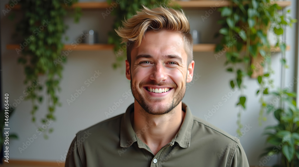 Man with blond hair smiling in cozy modern kitchen
Man with blond hair smiling in cozy modern kitchen