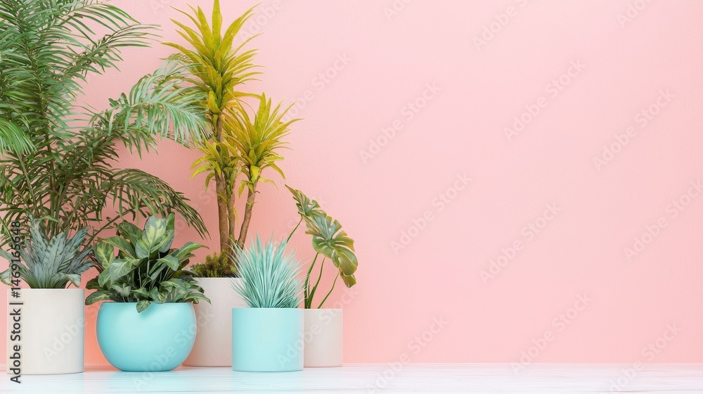 Fototapeta premium Colorful potted plants on soft pink wall interior design home styling green botanical decor contrast