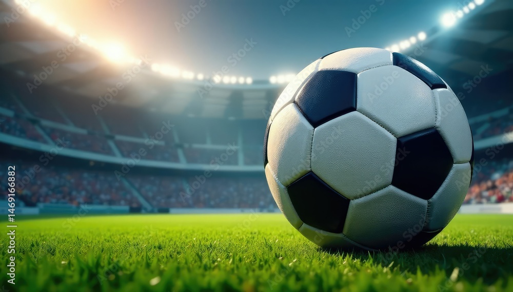 Naklejka premium Giant soccer ball in stadium setting, ready for the big game , perspective, round