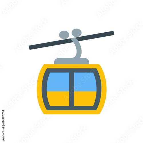 Illustration of a yellow and blue gondola lift with a gray cable and support structure design element