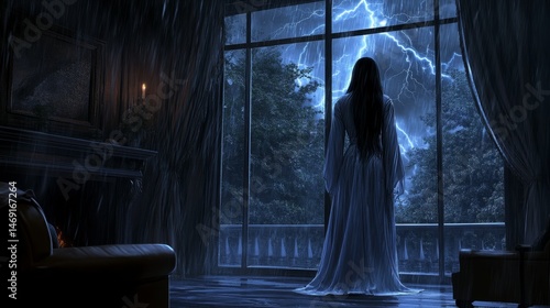 Woman in white dress staring at lightning storm through window in dark room.