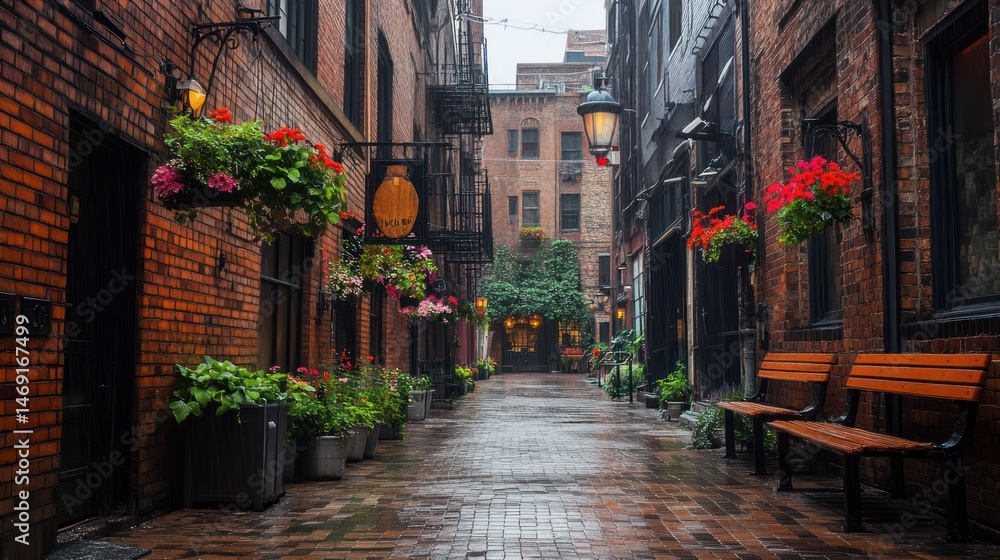 Fototapeta premium Rainy alleyway with flowers and brick buildings. Urban scene. Possible use Stock photo