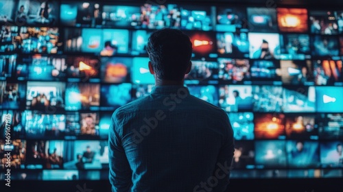 A man is looking at a television screen with many different images on it. The television is displaying a variety of content, including news, sports, and entertainment. The man is focused on the screen