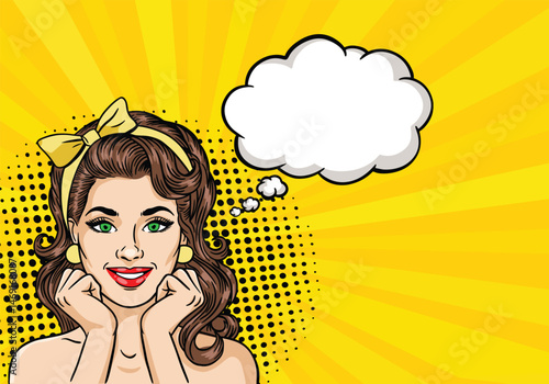 Young beautiful girl with speech balloon in pop art style. vector illustration on color background