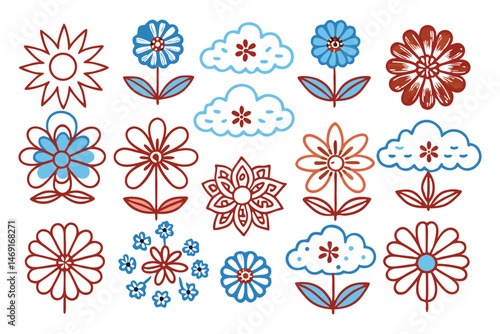 Grid-aligned vector florals with thick cloud-style petal margins