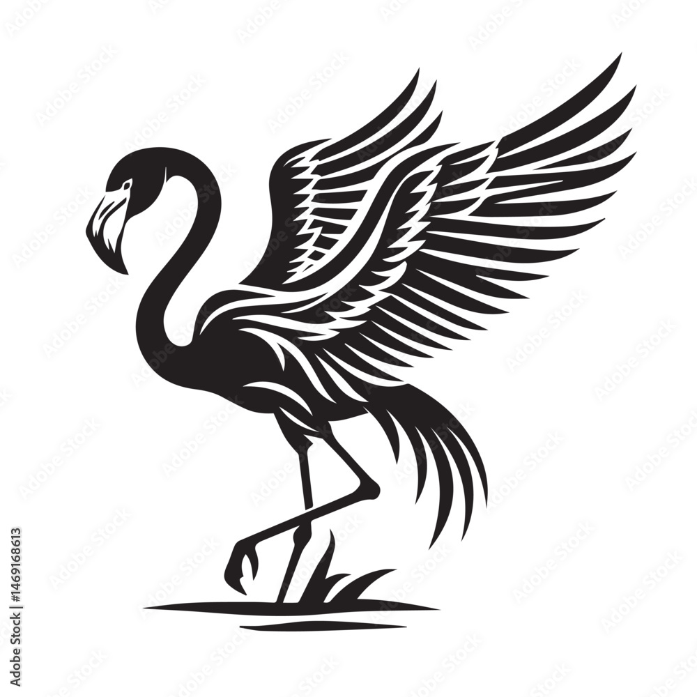 Obraz premium Elegant black and white flamingo vector illustration with wings open and natural elements