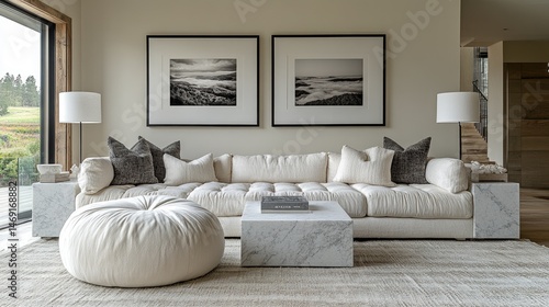 Modern living room interior design featuring neutral tones and natural elements.