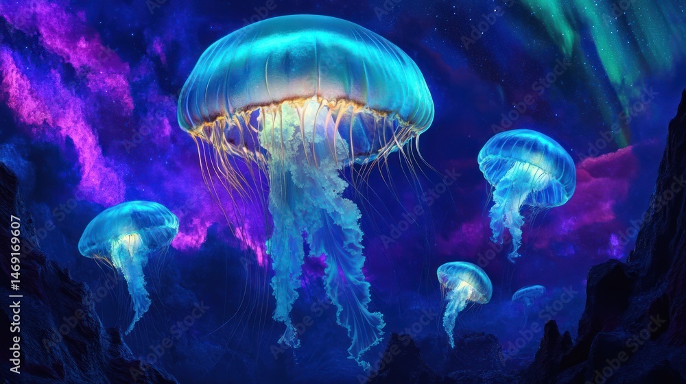 Glowing Jellyfish in an Underwater Realm Illuminated by Aurora Lights Glowing Jellyfish in an Underwater Realm Illuminated by Aurora Lights