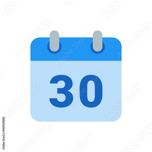 Illustration of a blue calendar icon displaying the number thirty with two gray fasteners at the top edge