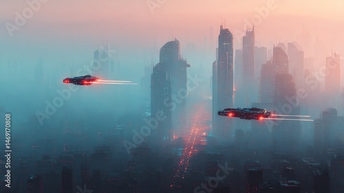 Futuristic Sci-Fi Cityscape with Flying Cars and Glowing Lights