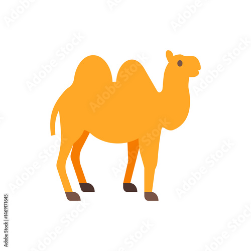 Illustration of a cartoon style camel with two humps standing on a white background in a simple design