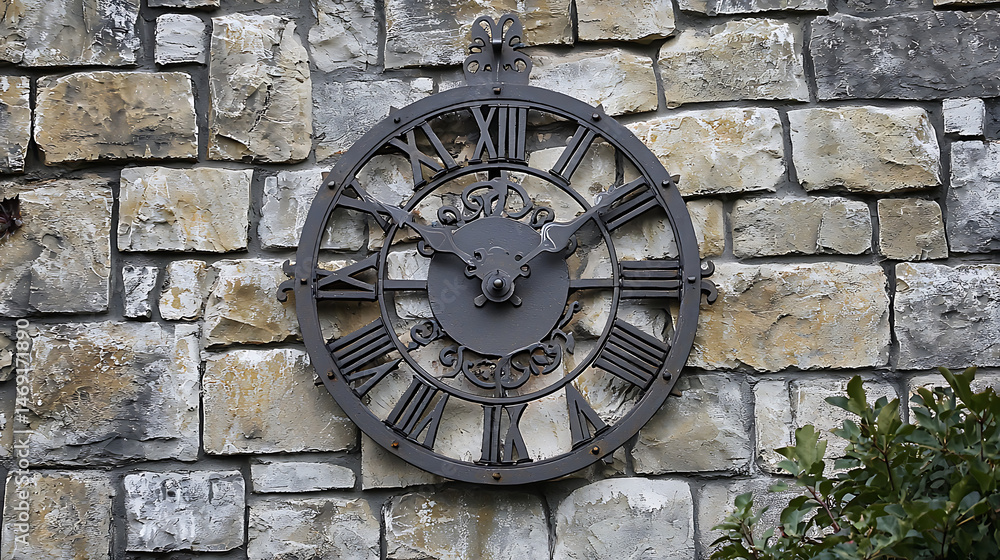 A large clock with Roman numerals on a brick wall A large clock with Roman numerals on a brick wall