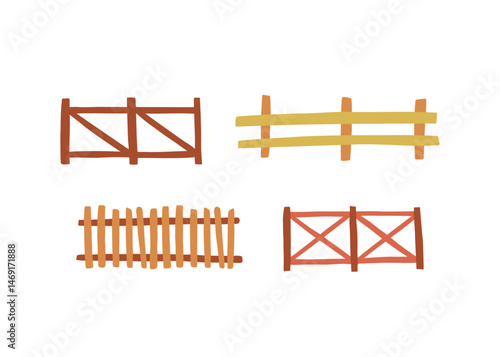 A collection of wooden fence designs in flat style. Includes various types of rustic fences suitable for gardening, farm, and countryside design elements.