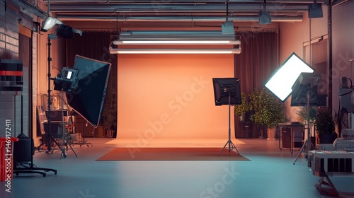Professional photography studio setup with softboxes backdrop and warm ambient lighting equipment