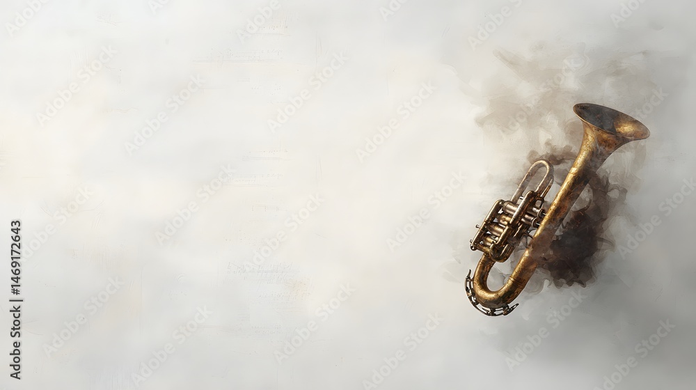 Obraz premium Vintage Brass Trumpet with Artistic Smoke Background for Music and Jazz Themes