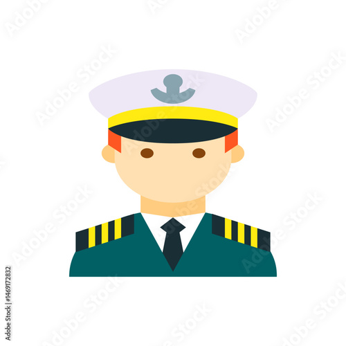 Illustration of a cartoon style ship captain with a white hat and dark green uniform with gold stripes
